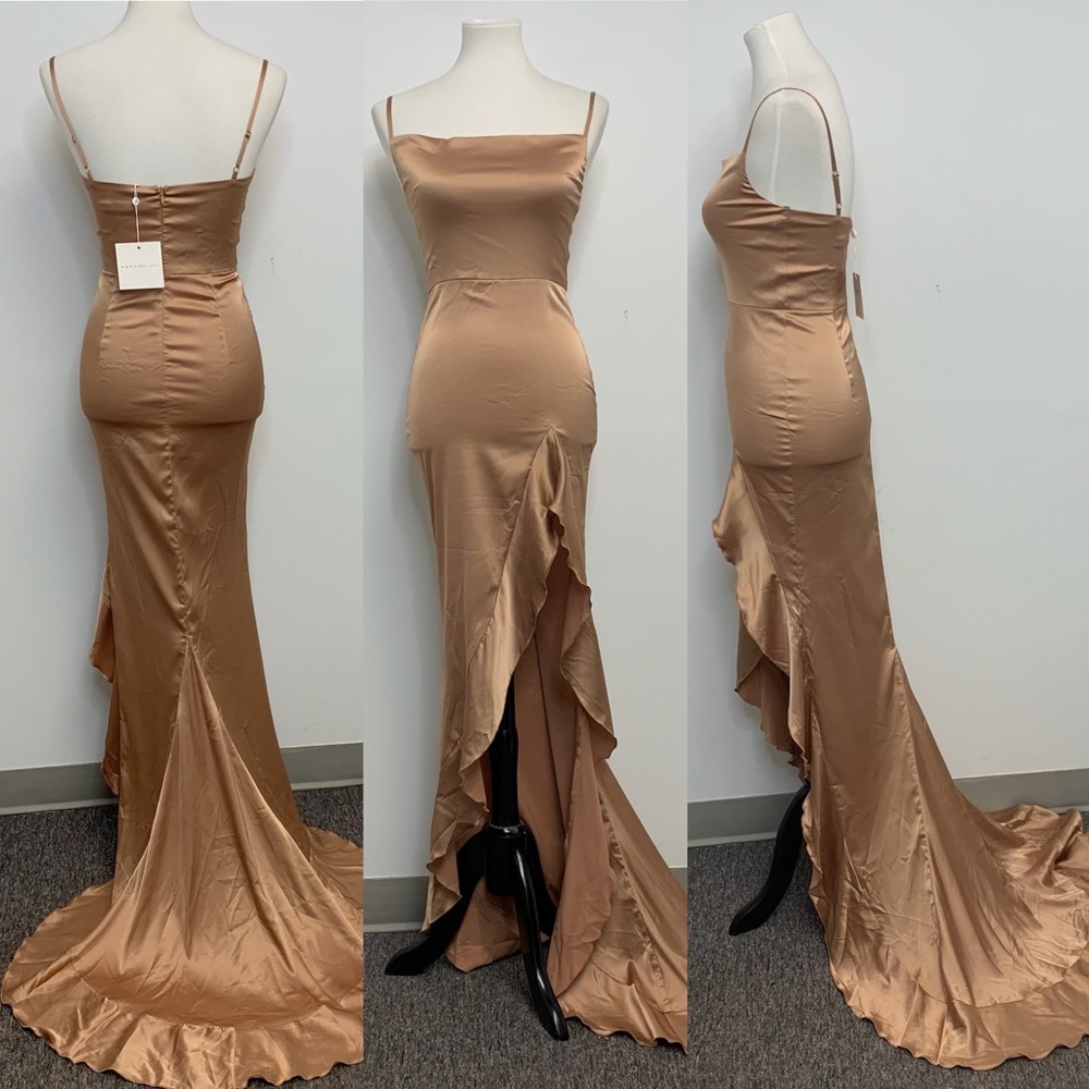 Abyss by Abby Japonais Satin Ruffle Gown Rose Gold Maxi Dress Sz S NWT - Picture 5 of 11
